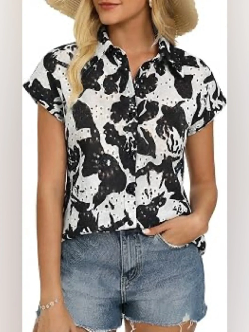 NWT Grace Karin Eyelet Floral Button Front Blouse Black White, M - Picture 1 of 8